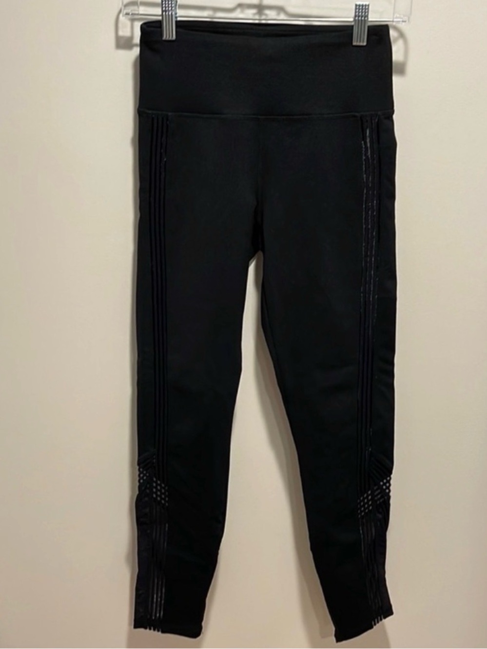 Fabletics Black High Waisted Leggings XS Sheer Side Stripes Pilates Yoga Run
